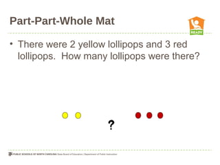 Part-Part-Whole Mat
• There were 2 yellow lollipops and 3 red
lollipops. How many lollipops were there?
 