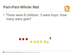 Part-Part-Whole Mat
• There were 6 children. 3 were boys. How
many were girls?
 