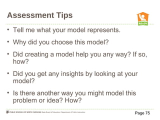 Assessment Tips
• Tell me what your model represents.
• Why did you choose this model?
• Did creating a model help you any way? If so,
how?
• Did you get any insights by looking at your
model?
• Is there another way you might model this
problem or idea? How?
Page 75
 