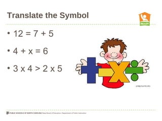 Translate the Symbol
• 12 = 7 + 5
• 4 + x = 6
• 3 x 4 > 2 x 5
 