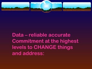 Data – reliable accurate
Commitment at the highest
levels to CHANGE things
and address:
 