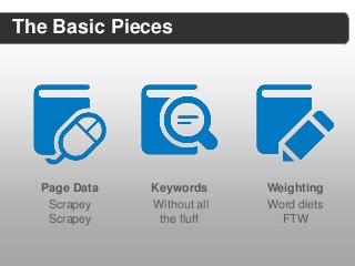 The Basic Pieces




  Page Data   Keywords      Weighting
   Scrapey    Without all   Word diets
   Scrapey     the fluff      FTW
 