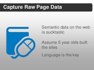 Capture Raw Page Data


             Semantic data on the web
             is sucktastic

             Assume 5 year olds built
             the sites
             Language is the key
 