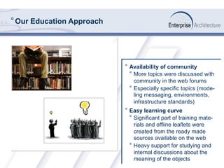 ° Our Education Approach
°  Availability of community
°  More topics were discussed with
community in the web forums
°  Especially specific topics (mode-
ling messaging, environments,
infrastructure standards)
°  Easy learning curve
°  Significant part of training mate-
rials and offline leaflets were
created from the ready made
sources available on the web
°  Heavy support for studying and
internal discussions about the
meaning of the objects
 