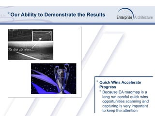° Our Ability to Demonstrate the Results
°  Quick Wins Accelerate
Progress
°  Because EA roadmap is a
long run careful quick wins
opportunities scanning and
capturing is very important
to keep the attention
 