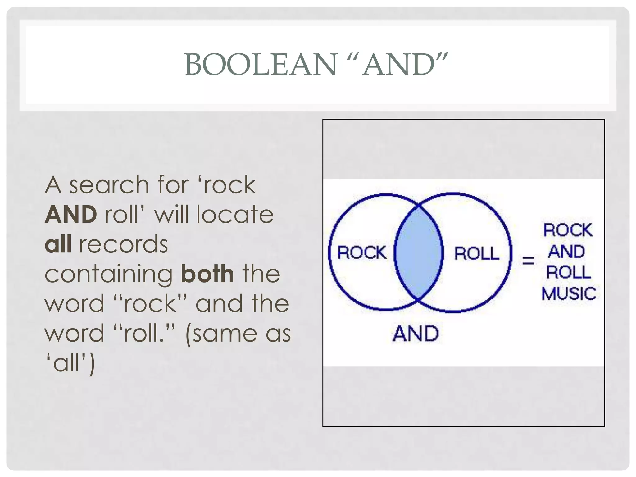 BOOLEAN “AND”


A search for „rock
AND roll‟ will locate
all records
containing both the
word “rock” and the
word “roll.” (same as
„all‟)
 
