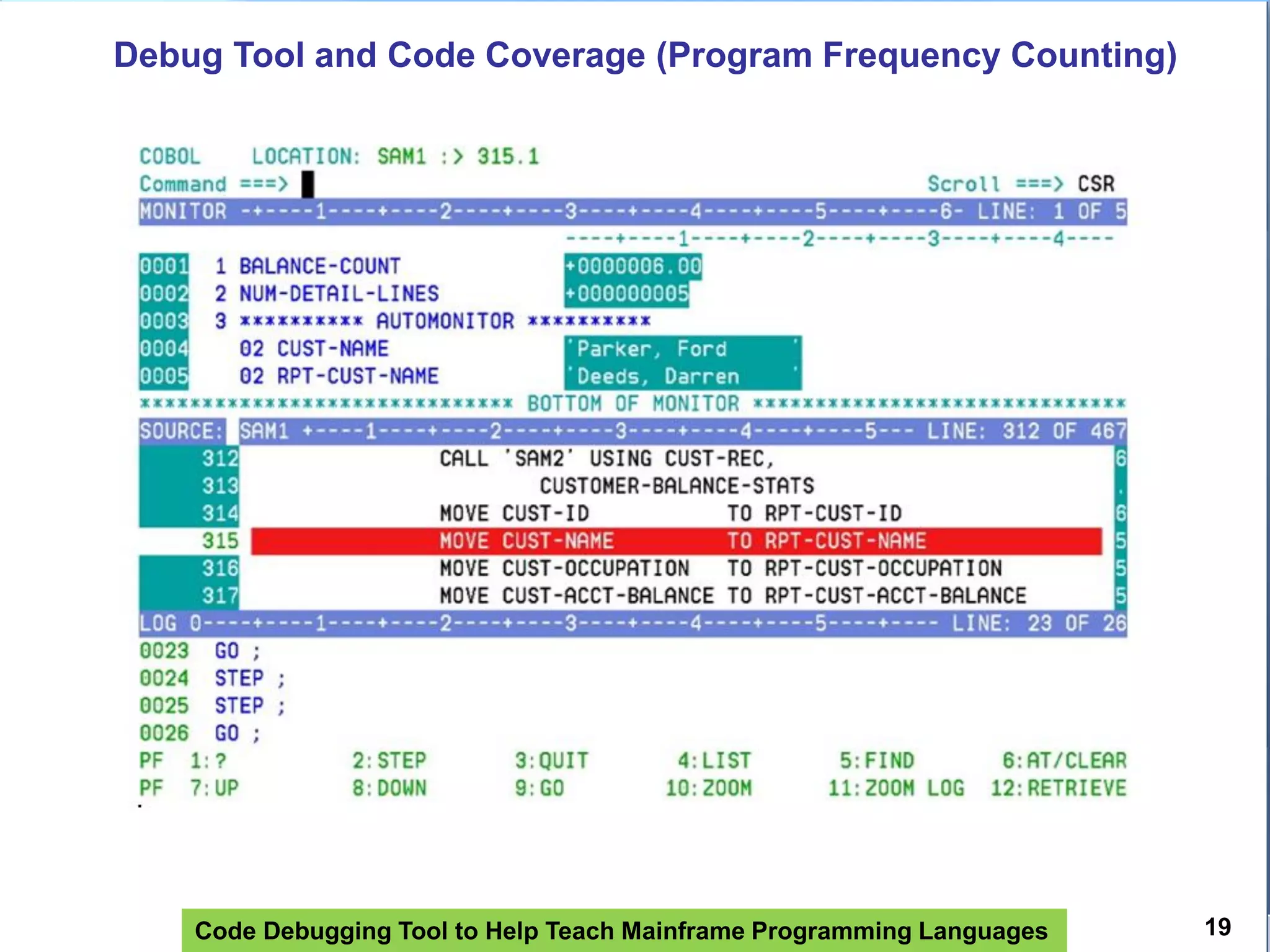 Code Debugging Tool to Help Teach Mainframe Programming Languages
Debug Tool and Code Coverage (Program Frequency Counting)
19
 