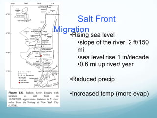 Figure 5.6. Hudson River Estuary with
location of salt front on
10/30/2009, approximate distance is 53 river
miles from the Battery at New York City
(USGS).
•Rising sea level
•slope of the river 2 ft/150
mi
•sea level rise 1 in/decade
•0.6 mi up river/ year
•Reduced precip
•Increased temp (more evap)
Salt Front
Migration
 