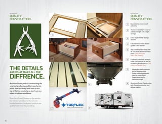 1
3
5
76
5
10
Rockwood takes pride in constructing the
very best products possible in each price
point. From our entry level units to our
top of the line products, no short cuts are
taken to achieve excellence.
From the all-steel I-beams to the residen-
tial interior amenities to the vacuum-
bonded exteriors, Rockwood products are
quality-built from the ground-up.
THE DETAILS
DIFFRENCE.
are what make all the
7
4
7
6
8
1
3
8
6
5
4
3
2
1 Glued and screwed wood
cabinetry
Aluminum dinette frames for
added strength and weight
savings
Extra large dinette storage
drawers
Full extension metal drawer
guides in the kitchen
Vacuumed bonded floor with
16” on center aluminum floor
joists (Std. Ultra Lite,
select Roo mdoels)
Enclosed underbelly protects
trailer components as well as
increasing aerodynamics (Std.
Ultra Lite Models Only)
·	 Independent wheel suspension
	 and self-damping action
·	 Rubber cushioning eliminates
	 metal-to-metal contact.
·	 Forged torsion arm for
	 maximum strength
Aluminum Frame Construction
with fiberglass exterior and
deluxe graphics
Rockwood
QUALITY
CONSTRUCTION
Rockwood
QUALITY
CONSTRUCTION
 