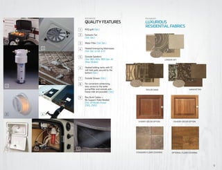 Rockwood
QUALITy FEATURES
Rockwood
LUXURIOUS
RESIDENTIAL FABRICS
LONDON SKY
TAYLOR SAND MANHATTAN
Cherry Décor Option
STANDARD FLOOR COVERING
HICKORY Décor Option
9
8
9
7
6
5
4
3
2
1
7 8 9
65
3
4
2
1
OPTIONAL FLOOR COVERING
RVQ grill (Opt.)
Fantastic Fan
(Std. Opt.)
Water Filter (Std. Opt.)
Heated Innerspring Mattresses
(Std. Opt. on ML & R)
Outside Speakers
(Std: 1901, 1904, 1905 Opt: All
Other Models)
Heated holding tanks with 12
volt heat pads secured to the
bottom (Opt.)
Outside Shower (Std.)
For convenient winterizing,
easy access to the water
pump/filter and outside anti-
freeze inlet are provided. (Std.)
Roo Bunk Cables —
No Support Poles Needed
(Std. All Models Except
23RS, 25RS)
 