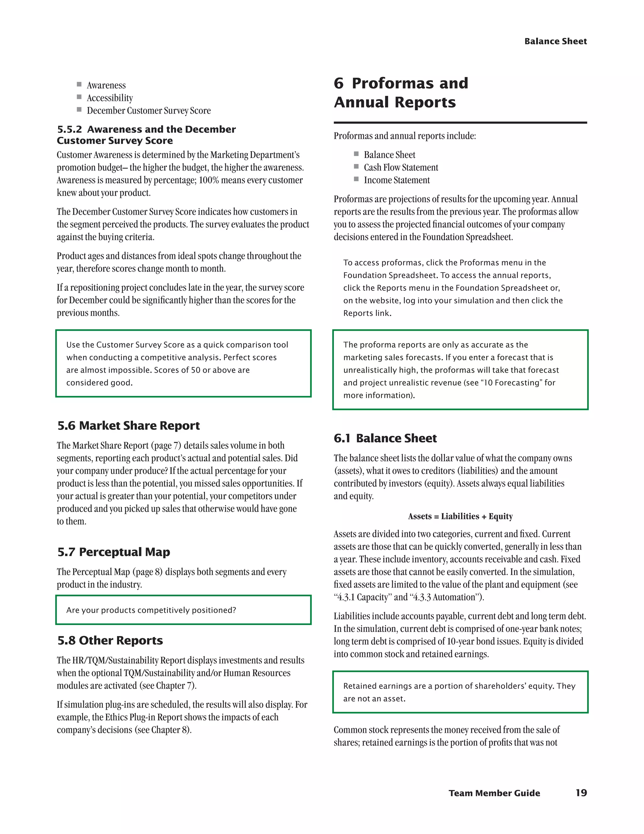 Balance Sheet




     •	Awareness                                                           6	 Proformas and
     •	Accessibility                                                       Annual Reports
     •	December Customer Survey Score
5.5.2	 Awareness and the December
Customer Survey Score
                                                                           Proformas and annual reports include:
Customer Awareness is determined by the Marketing Department’s                  •	Balance Sheet
promotion budget– the higher the budget, the higher the awareness.              •	Cash Flow Statement
Awareness is measured by percentage; 100% means every customer                  •	Income Statement
knew about your product.
                                                                           Proformas are projections of results for the upcoming year. Annual
The December Customer Survey Score indicates how customers in              reports are the results from the previous year. The proformas allow
the segment perceived the products. The survey evaluates the product       you to assess the projected financial outcomes of your company
against the buying criteria.                                               decisions entered in the Foundation Spreadsheet.
Product ages and distances from ideal spots change throughout the
                                                                             To access proformas, click the Proformas menu in the
year, therefore scores change month to month.
                                                                             Foundation Spreadsheet. To access the annual reports,
If a repositioning project concludes late in the year, the survey score      click the Reports menu in the Foundation Spreadsheet or,
for December could be significantly higher than the scores for the           on the website, log into your simulation and then click the
previous months.                                                             Reports link.



  Use the Customer Survey Score as a quick comparison tool                   The proforma reports are only as accurate as the
  when conducting a competitive analysis. Perfect scores                     marketing sales forecasts. If you enter a forecast that is
  are almost impossible. Scores of 50 or above are                           unrealistically high, the proformas will take that forecast
  considered good.                                                           and project unrealistic revenue (see “10 Forecasting” for
                                                                             more information).



5.6	Market Share Report
                                                                           6.1	Balance Sheet
The Market Share Report (page 7) details sales volume in both
segments, reporting each product’s actual and potential sales. Did         The balance sheet lists the dollar value of what the company owns
your company under produce? If the actual percentage for your              (assets), what it owes to creditors (liabilities) and the amount
product is less than the potential, you missed sales opportunities. If     contributed by investors (equity). Assets always equal liabilities
your actual is greater than your potential, your competitors under         and equity.
produced and you picked up sales that otherwise would have gone
                                                                                                 Assets = Liabilities + Equity
to them.
                                                                           Assets are divided into two categories, current and fixed. Current
                                                                           assets are those that can be quickly converted, generally in less than
5.7	Perceptual Map
                                                                           a year. These include inventory, accounts receivable and cash. Fixed
The Perceptual Map (page 8) displays both segments and every               assets are those that cannot be easily converted. In the simulation,
product in the industry.                                                   fixed assets are limited to the value of the plant and equipment (see
                                                                           “4.3.1 Capacity” and “4.3.3 Automation”).
  Are your products competitively positioned?
                                                                           Liabilities include accounts payable, current debt and long term debt.
                                                                           In the simulation, current debt is comprised of one-year bank notes;
5.8	Other Reports                                                          long term debt is comprised of 10-year bond issues. Equity is divided
                                                                           into common stock and retained earnings.
The HR/TQM/Sustainability Report displays investments and results
when the optional TQM/Sustainability and/or Human Resources
modules are activated (see Chapter 7).                                       Retained earnings are a portion of shareholders’ equity. They
                                                                             are not an asset.
If simulation plug-ins are scheduled, the results will also display. For
example, the Ethics Plug-in Report shows the impacts of each
company’s decisions (see Chapter 8).                                       Common stock represents the money received from the sale of
                                                                           shares; retained earnings is the portion of profits that was not



                                                                                                            Team Member Guide                   19
 