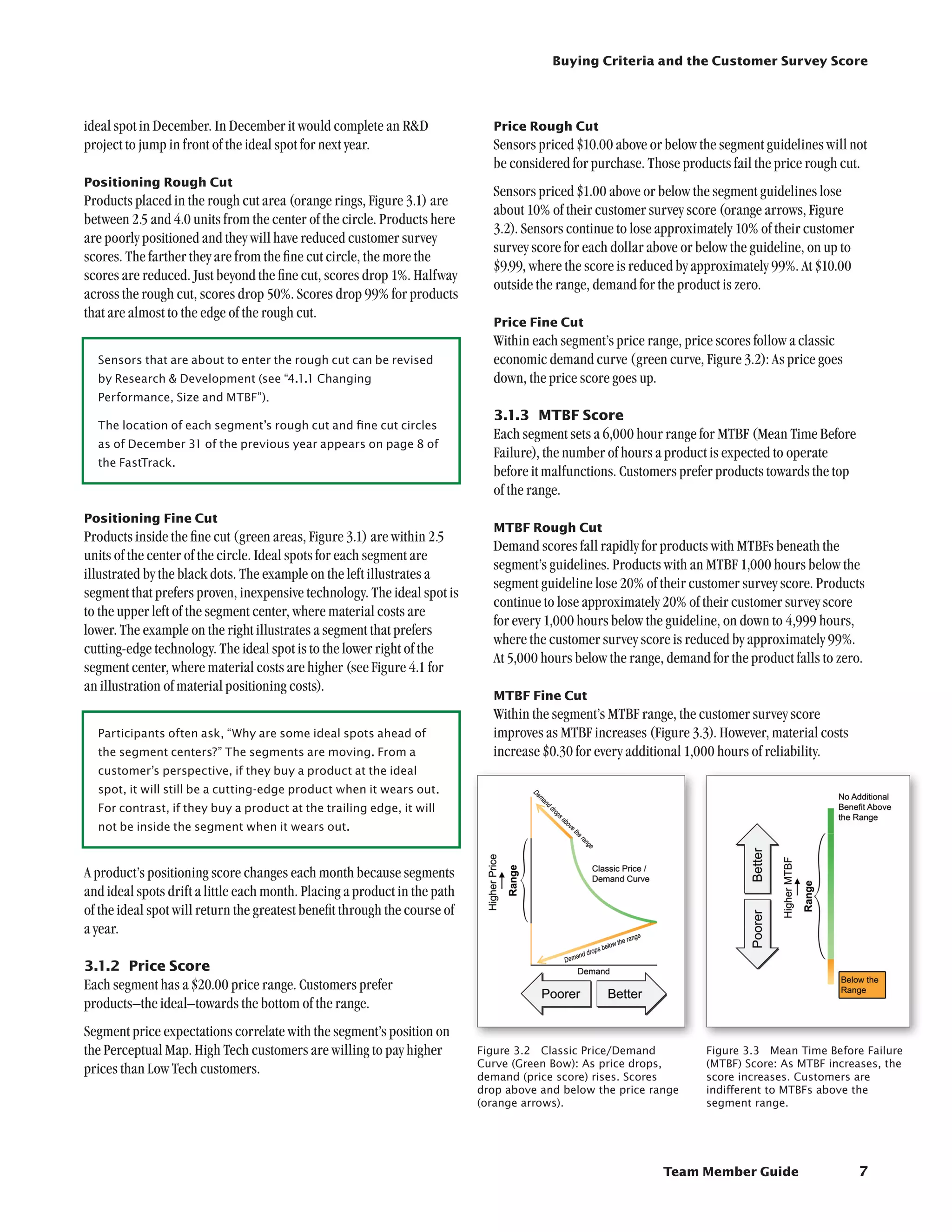 Buying Criteria and the Customer Survey Score




ideal spot in December. In December it would complete an RD                 Price Rough Cut
project to jump in front of the ideal spot for next year.                    Sensors priced $10.00 above or below the segment guidelines will not
                                                                             be considered for purchase. Those products fail the price rough cut.
Positioning Rough Cut
                                                                             Sensors priced $1.00 above or below the segment guidelines lose
Products placed in the rough cut area (orange rings, Figure 3.1) are
                                                                             about 10% of their customer survey score (orange arrows, Figure
between 2.5 and 4.0 units from the center of the circle. Products here
                                                                             3.2). Sensors continue to lose approximately 10% of their customer
are poorly positioned and they will have reduced customer survey
                                                                             survey score for each dollar above or below the guideline, on up to
scores. The farther they are from the fine cut circle, the more the
                                                                             $9.99, where the score is reduced by approximately 99%. At $10.00
scores are reduced. Just beyond the fine cut, scores drop 1%. Halfway
                                                                             outside the range, demand for the product is zero.
across the rough cut, scores drop 50%. Scores drop 99% for products
that are almost to the edge of the rough cut.
                                                                             Price Fine Cut
                                                                             Within each segment’s price range, price scores follow a classic
  Sensors that are about to enter the rough cut can be revised               economic demand curve (green curve, Figure 3.2): As price goes
  by Research  Development (see “4.1.1 Changing                             down, the price score goes up.
  Performance, Size and MTBF”).
                                                                             3.1.3	 MTBF Score
  The location of each segment’s rough cut and fine cut circles
                                                                             Each segment sets a 6,000 hour range for MTBF (Mean Time Before
  as of December 31 of the previous year appears on page 8 of
                                                                             Failure), the number of hours a product is expected to operate
  the FastTrack.
                                                                             before it malfunctions. Customers prefer products towards the top
                                                                             of the range.
Positioning Fine Cut
                                                                             MTBF Rough Cut
Products inside the fine cut (green areas, Figure 3.1) are within 2.5
                                                                             Demand scores fall rapidly for products with MTBFs beneath the
units of the center of the circle. Ideal spots for each segment are
                                                                             segment’s guidelines. Products with an MTBF 1,000 hours below the
illustrated by the black dots. The example on the left illustrates a
                                                                             segment guideline lose 20% of their customer survey score. Products
segment that prefers proven, inexpensive technology. The ideal spot is
                                                                             continue to lose approximately 20% of their customer survey score
to the upper left of the segment center, where material costs are
                                                                             for every 1,000 hours below the guideline, on down to 4,999 hours,
lower. The example on the right illustrates a segment that prefers
                                                                             where the customer survey score is reduced by approximately 99%.
cutting-edge technology. The ideal spot is to the lower right of the
                                                                             At 5,000 hours below the range, demand for the product falls to zero.
segment center, where material costs are higher (see Figure 4.1 for
an illustration of material positioning costs).
                                                                             MTBF Fine Cut
                                                                             Within the segment’s MTBF range, the customer survey score
  Participants often ask, “Why are some ideal spots ahead of                 improves as MTBF increases (Figure 3.3). However, material costs
  the segment centers?” The segments are moving. From a                      increase $0.30 for every additional 1,000 hours of reliability.
  customer’s perspective, if they buy a product at the ideal
  spot, it will still be a cutting-edge product when it wears out.
  For contrast, if they buy a product at the trailing edge, it will
  not be inside the segment when it wears out.



A product’s positioning score changes each month because segments
and ideal spots drift a little each month. Placing a product in the path
of the ideal spot will return the greatest benefit through the course of
a year.

3.1.2	 Price Score
Each segment has a $20.00 price range. Customers prefer
products–the ideal–towards the bottom of the range.
Segment price expectations correlate with the segment’s position on
the Perceptual Map. High Tech customers are willing to pay higher          Figure 3.2  Classic Price/Demand         Figure 3.3  Mean Time Before Failure
                                                                           Curve (Green Bow): As price drops,       (MTBF) Score: As MTBF increases, the
prices than Low Tech customers.                                            demand (price score) rises. Scores       score increases. Customers are 	
                                                                           drop above and below the price range     indifferent to MTBFs above the 	
                                                                           (orange arrows).                         segment range.




                                                                                                            Team Member Guide                      7
 