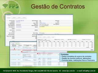 Gestão de Contratos




          Contratos
          - Dados completos do acervo de contratos
          - Gestão de eventos (aditivos, alterações)
          - Controla datas, realizações física e financeira
 