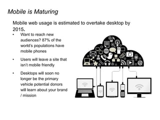 Mobile is Maturing
Mobile web usage is estimated to overtake desktop by
2015.
• Want to reach new
audiences? 87% of the
world’s populations have
mobile phones
• Users will leave a site that
isn’t mobile friendly
• Desktops will soon no
longer be the primary
vehicle potential donors
will learn about your brand
/ mission
 