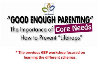 * The previous GEP workshop focused on
learning the different schemas.
 