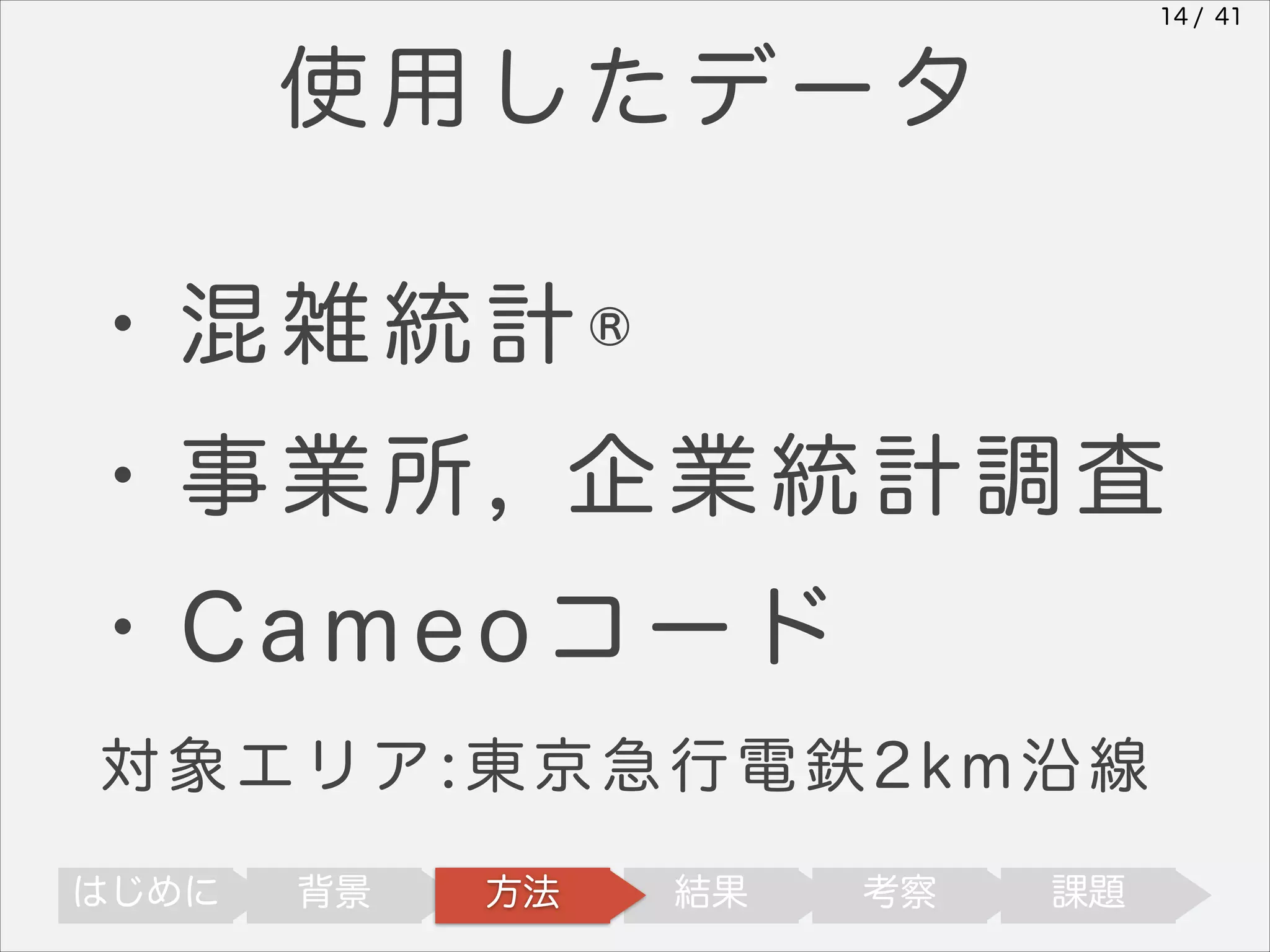 14 / 41

使用したデータ
・混雑統計®
・事業所, 企業統計調査
・Cameoコード
対象エリア:東京急行電鉄2km沿線
はじめに

背景

方法

結果

考察

課題

 