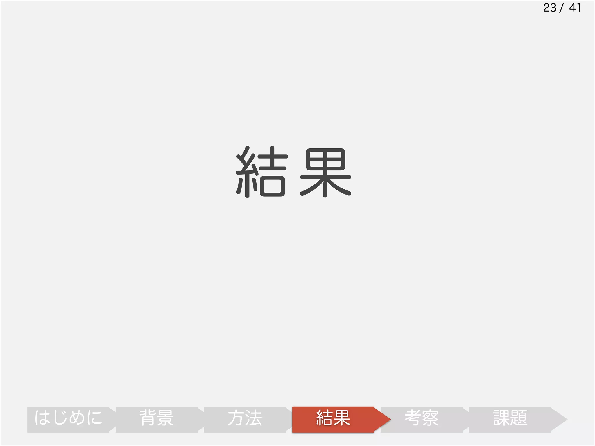 23 / 41

結果

はじめに

背景

方法

結果

考察

課題

 