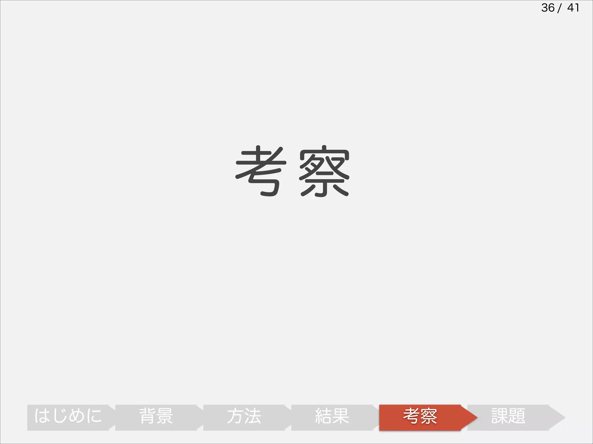 36 / 41

考察

はじめに

背景

方法

結果

考察

課題

 