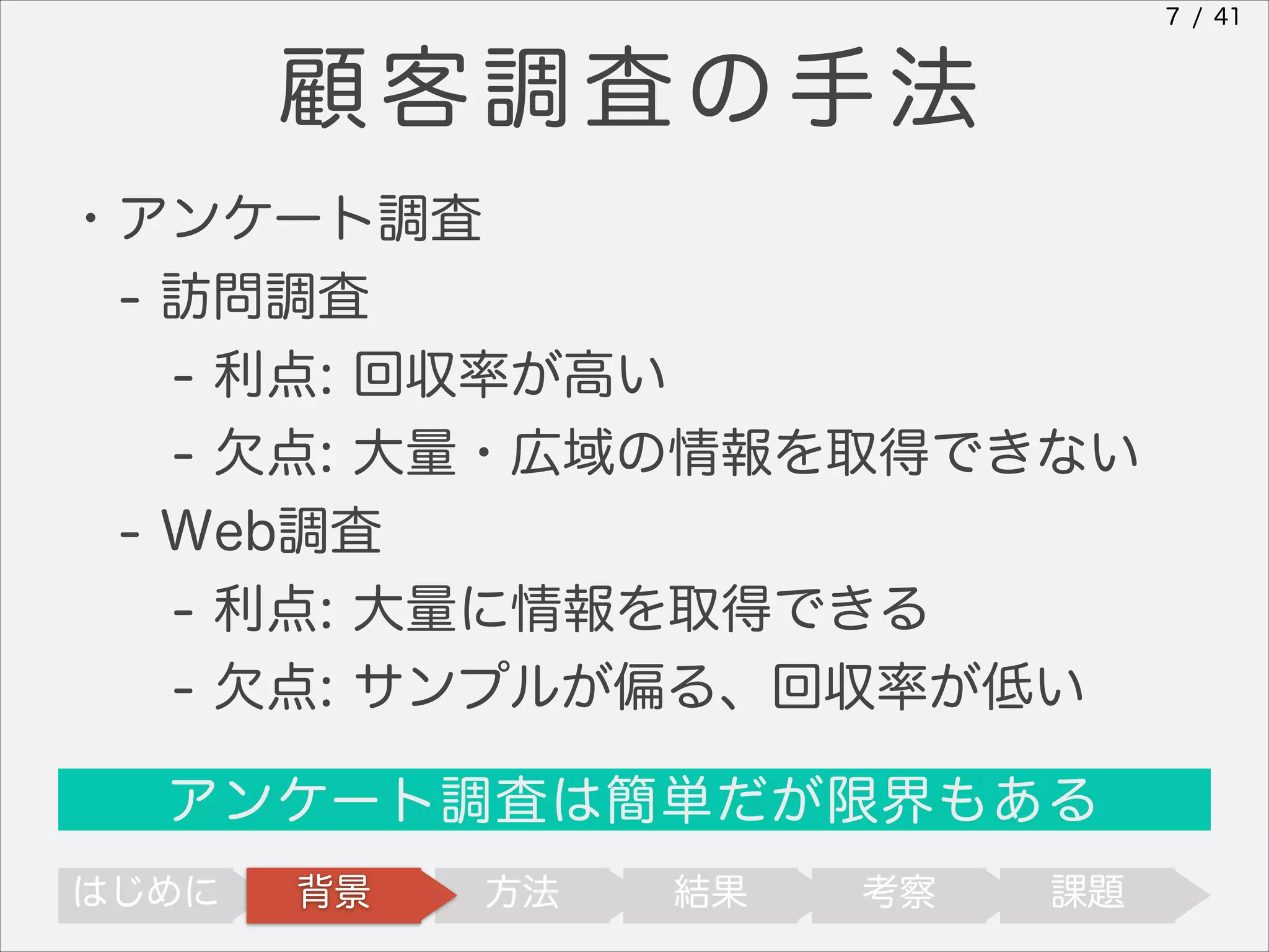 7 / 41

顧客調査の手法
・アンケート調査
- 訪問調査
- 利点: 回収率が高い
- 欠点: 大量・広域の情報を取得できない
- Web調査
- 利点: 大量に情報を取得できる
- 欠点: サンプルが偏る、回収率が低い
アンケート調査は簡単だが限界もある
はじめに

背景

方法

結果

考察

課題

 