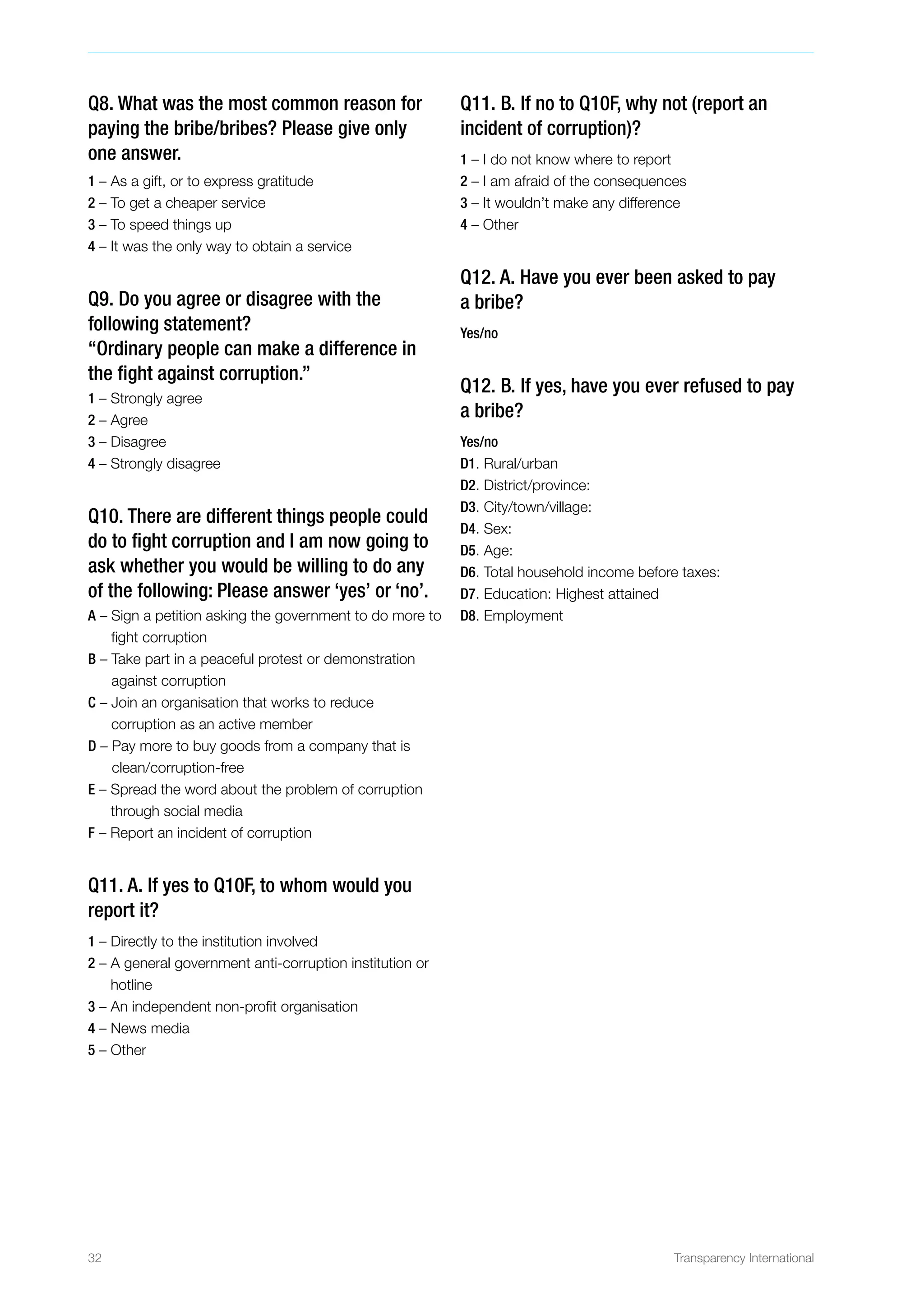 32 Transparency International
Q8. What was the most common reason for
paying the bribe/bribes? Please give only
one answer.
1 – As a gift, or to express gratitude
2 – To get a cheaper service	
3 – To speed things up 	
4 – It was the only way to obtain a service	
Q9. Do you agree or disagree with the
following statement?
“Ordinary people can make a difference in
the fight against corruption.”
1 – Strongly agree
2 – Agree
3 – Disagree
4 – Strongly disagree
Q10. There are different things people could
do to fight corruption and I am now going to
ask whether you would be willing to do any
of the following: Please answer ‘yes’ or ‘no’.
A – Sign a petition asking the government to do more to
fight corruption
B – Take part in a peaceful protest or demonstration
against corruption
C – Join an organisation that works to reduce
corruption as an active member
D – Pay more to buy goods from a company that is
clean/corruption-free
E – Spread the word about the problem of corruption
through social media
F – Report an incident of corruption
Q11. A. If yes to Q10F, to whom would you
report it?
1 – Directly to the institution involved		
2 – A general government anti-corruption institution or
hotline	
3 – An independent non-profit organisation	
4 – News media		
5 – Other			
Q11. B. If no to Q10F, why not (report an
incident of corruption)?
1 – I do not know where to report		
2 – I am afraid of the consequences
3 – It wouldn’t make any difference		
4 – Other	
Q12. A. Have you ever been asked to pay
a bribe?
Yes/no
Q12. B. If yes, have you ever refused to pay
a bribe?
Yes/no
D1. Rural/urban
D2. District/province:
D3. City/town/village:
D4. Sex:
D5. Age:
D6. Total household income before taxes:
D7. Education: Highest attained 	 	
D8. Employment
 
