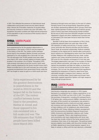 in 2011. This reflected the presence of international naval
collaboration and private armed security teams aboard
ships. Almost all of Somalia’s measures of societal safety
and security continue to receive very poor GPI tallies. The
exceptions are police numbers per head and the proportion
of the population in jail, on account of the country’s lack of
civil institutions.

Syria: 160th place
Score 3.393

Syria experienced by far the greatest deterioration in
peacefulness in the world in 2012/13 and the largest fall
in the history of the GPI. The violent conflict between
forces loyal to the president, Bashar al-Assad, and those
opposed to his rule escalated into a full-scale civil war.
The UN estimates that 70,000 people have been killed
since March 2011, when protests against al-Assad’s regime
erupted in the southern city of Deraa. Throughout 2012,
mass protests took place across the country, which were
often violently dispersed by the Syrian Armed Forces (SAF).
Rebel-controlled land in the north and east has come under
sustained bombardment from government forces, while the
SAF has fought to retain its grip on a north-south axis from

global peace index 2013

Syria experienced by far
the greatest deterioration
in peacefulness in the
world in 2012/13 and the
largest fall in the history
of the GPI. The violent
conflict between forces
loyal to the president,
Bashar al-Assad, and
those opposed to his
rule escalated into a
full-scale civil war. The
UN estimates that 70,000
people have been killed
since March 2011.

21

Damascus through Homs and Hama, to the port of Latakia,
formerly home to the al-Assad family. Opposition groups
are divided, representing different ethnic groups; there have
been clashes between Kurdish militias and Islamist groups,
some of which have been reinforced by foreign jihadists.
By the end of 2012 more than 500,000 refugees had been
registered in Egypt and other neighbouring countries and
an estimated 2.3m have been forced to leave their homes
within Syria.
Beneath it all has been the brutalisation of life in Syria,
a relatively peaceful place two years ago. Most of the
GPI indicators of safety and security in society—violent
crime, homicide rate, terrorist activities and the Political
Terror Scale, all worsened substantially. Political instability
increased, as the regime and its Alawite allies continued to
launch attacks on a disintegrating nation from their fortified
enclave. Relations with neighbouring Iraq, Israel, Jordan,
Lebanon and Turkey remained extremely tense, with the
GPI score for this indicator unchanged at 5 from last year.
The largest deterioration was seen in the number of internal
security officers and police, with large use of the army to
repress the population and fight the rebels, as Assad tries
to hold on to power and armed opposition to the regime
increases. The civil war has clearly undermined regulations
regarding the possession of firearms; rebel forces have
reportedly brought in weapons from Lebanon, and Gulf
countries, including Qatar, Saudi Arabia and Kuwait, have
reportedly supplied opposition fighters with light weapons,
many through private donors.

Iraq: 159th place
Score 3.245

Iraq became marginally less peaceful in 2012, largely
because of a substantial rise in military expenditure, to an
estimated 7.1% of GDP (up from 3.1%) in 2011. This reflects
the purchase of equipment, including 18 Lockheed Martin
F-16 fighter jets, costing around US$3bn, intended to form
the basis of the country’s air sovereignty. Iraq remains a
highly militarised country; small arms and light weapons
are numerous and very easily obtained. The GPI measure
of Iraq’s relations with its neighbours also deteriorated,
specifically with Turkey, following Ankara’s arrangement
with the autonomous Kurdistan Regional Government
(KRG). Economic and diplomatic relations with Turkey
may be in jeopardy. There is also heightened tension
and uncertainty over Iraq’s relationship with Syria; Iraq
has been less vocally critical of the Syrian government’s
crackdown than many of its Arab peers. The political scene
became slightly more stable, with the prime minister, Nouri
al-Maliki, appearing to have broad popular support; he is
likely to remain in office until the next elections, scheduled

 
