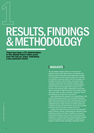 results, findings
& methodology
There has been a 5% deterioration
in the Global Peace Index score
over the last six years, indicating
a less peaceful world.

[ highlights ]

global peace index 2013

The ten highest ranking nations in the GPI are all
relatively small, stable democracies, with Nordic and
Alpine countries particularly well represented. Europe
is comfortably the most peaceful region; few countries
are involved in external conflict and most societies are
broadly harmonious. Nevertheless, several European
countries experienced less peaceful conditions amid
challenging economic circumstances, including Spain,
Greece, France and Portugal. North America is the
second-most peaceful region, followed by Asia-Pacific,
which is buoyed by high rankings for New Zealand (2nd)
and Japan (6th), as well as Australia, Singapore, Taiwan
and Malaysia, all of which lie in the top 30.
Libya experienced the greatest rise in peacefulness, with
a newly elected government and recovering institutions
following the turmoil of the recent revolution and civil war.
Sudan and Chad experienced the second and third-most
substantial gains as their respective conflicts eased, but
conditions in areas of both countries are far from peaceful
and they remain in the lower reaches of the GPI.
Uruguay and Chile stand out as the two most peaceful
South American nations, characterised by relatively strong
institutions and the rule of law. Conditions worsened in
third-ranked Argentina amid a series of trade spats with
neighbours. In Central America, Costa Rica again emerges
as the most peaceful nation, although it suffered from a
decline in internal peace. Nicaragua, Guatemala and El

3

 