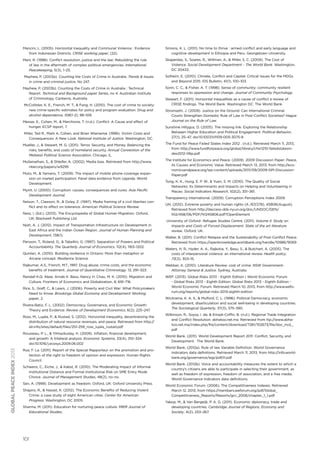 101
globalpeaceindex2013
Mancini, L. (2005). Horizontal Inequality and Communal Violence : Evidence
from Indonesian Districts. CRISE working paper, (22).
Mani, R. (1998). Conflict resolution, justice and the law: Rebuilding the rule
of law in the aftermath of complex political emergencies. International
Peacekeeping, 5(3), 1–25.
Mayhew, P. (2003a). Counting the Costs of Crime in Australia. Trends & Issues
in crime and criminal justice, No 247.
Mayhew, P. (2003b). Counting the Costs of Crime in Australia : Technical
Report. Technical and Background paper Series, no 4. Australian Institute
of Criminology. Canberra, Australia
McCollister, K. E., French, M. T., & Fang, H. (2010). The cost of crime to society:
new crime-specific estimates for policy and program evaluation. Drug and
alcohol dependence, 108(1-2), 98–109.
Messer, E., Cohen, M., & Marchione, T. (n.d.). Conflict: A Cause and effect of
hunger. ECSP report, 7.
Miller, Ted R., Mark A. Cohen, and Brian Wiersema. (1996). Victim Costs and
Consequences: A New Look. National Institute of Justice. Washington, DC.
Mueller, J., & Stewart, M. G. (2011). Terror, Security, and Money: Balancing the
risks, benefits, and costs of homeland security. Annual Convention of the
Midwest Political Science Association. Chicago, IL.
Mullainathan, S., & Shleifer, A. (2002). Media bias. Retrieved from http://www.
nber.org/papers/w9295
Muto, M., & Yamano, T. (2009). The impact of mobile phone coverage expan-
sion on market participation: Panel data evidence from Uganda. World
Development.
Myint, U. (2000). Corruption: causes, consequences and cures. Asia Pacific
Development Journal.
Nelson, T., Clawson, R., & Oxley, Z. (1997). Media framing of a civil liberties con-
flict and its effect on tolerance. American Political Science Review.
Ness, I. (Ed.). (2013). The Encyclopedia of Global Human Migration. Oxford,
UK: Blackwell Publishing Ltd.
Njoh, A. J. (2012). Impact of Transportation Infrastructure on Development in
East Africa and the Indian Ocean Region. Journal of Human Planning and
Development, 138(1).
Persson, T., Roland, G., & Tabellini, G. (1997). Separation of Powers and Political
Accountability. The Quarterly Journal of Economics, 112(4), 1163–1202.
Quinlan, A. (2010). Building resilience in Ontario: More than metaphor or
Arcane concept. Resilience Science.
Rajkumar, A.S., French, M.T., 1997. Drug abuse, crime costs, and the economic
benefits of treatment. Journal of Quantitative Criminology. 13, 291–323.
Randall K.Q. Akee, Arnab K. Basu, Nancy H. Chau, M. K. (2010). Migration and
Culture. Frontiers of Economics and Globalization, 8, 691–716.
Rice, S., Graff, C., & Lewis, J. (2006). Poverty and Civil War: What Policymakers
Need to Know. Brookings Global Economy and Development Working
paper, 2.
Rivera-Batiz, F. L. (2002). Democracy, Governance, and Economic Growth:
Theory and Evidence. Review of Development Economics, 6(2), 225–247.
Ross, M., Lujala, P., & Rustad, S. (2012). Horizontal inequality, decentralizing the
distribution of natural resource revenues, and peace. Retrieved from http://
elr.info/sites/default/files/251-259_ross_lujala_rustad.pdf
Rousseau, P. L., & Yilmazkuday, H. (2009). Inflation, financial development,
and growth: A trilateral analysis. Economic Systems, 33(4), 310–324.
doi:10.1016/j.ecosys.2009.06.002
Rue, F. La. (2011). Report of the Special Rapporteur on the promotion and pro-
tection of the right to freedom of opinion and expression. Human Rights
Council.
Schwens, C., Eiche, J., & Kabst, R. (2010). The Moderating Impact of Informal
Institutional Distance and Formal Institutional Risk on SME Entry Mode
Choice. Journal of Management Studies, 48(2), no–no.
Sen, A. (1999). Development as freedom. Oxford, UK: Oxford University Press.
Shapiro, R., & Hasset, K. (2012). The Economic Benefits of Reducing Violent
Crime: a case study of eight American cities. Center for American
Progress. Washington, DC 2005.
Sharma, M. (2011). Education for nurturing peace culture. MIER Journal of
Educational Studies.
Simons, K. L. (2011). No time to thrive : armed conflict and early language and
cognitive development in Ethiopia and Peru. Georgetown University.
Skaperdas, S., Soares, R., Willman, A., & Miller, S. C. (2009). The Cost of
Violence. Social Development Department - The World Bank. Washington,
DC 20433.
Solheim, E. (2010). Climate, Conflict and Capital: Critical Issues for the MDGs
and Beyond 2015. IDS Bulletin, 41(1), 100–103.
Sonn, C. C., & Fisher, A. T. (1998). Sense of community: community resilient
responses to oppression and change. Journal of Community Psychology.
Stewart, F. (2011). Horizontal inequalities as a cause of conflict a review of
CRISE findings. The World Bank. Washington DC. The World Bank.
Stromseth, J. (2009). Justice on the Ground: Can International Criminal
Courts Strengthen Domestic Rule of Law in Post-Conflict Societies? Hague
Journal on the Rule of Law.
Sunshine Hillygus, D. (2005). The missing link: Exploring the Relationship
Between Higher Education and Political Engagement. Political Behavior,
27(1), 25–47. doi:10.1007/s11109-005-3075-8
The Fund for Peace Failed States Index 2012 . (n.d.). Retrieved March 11, 2013,
from http://www.fundforpeace.org/global/library/cfsir1210-failedstatesin-
dex2012-06p.pdf
The Institute for Economics and Peace. (2009). 2009 Discussion Paper: Peace,
its Causes and Economic Value. Retrieved March 13, 2013, from http://eco-
nomicsandpeace.org/wp-content/uploads/2011/09/2009-GPI-Discussion-
Paper.pdf
Tong, K. K., Hung, E. P. W., & Yuen, S. M. (2010). The Quality of Social
Networks: Its Determinants and Impacts on Helping and Volunteering in
Macao. Social Indicators Research, 102(2), 351–361.
Transparency International. (2009). Corruption Perceptions Index 2009.
UN. (2012). Extreme poverty and human rights (A /67/278), 45806(August).
Retrieved from http://daccess-dds-ny.un.org/doc/UNDOC/GEN/
N12/458/06/PDF/N1245806.pdf?OpenElement
University of Oxford- Refugee Studies Centre. (2011). Volume II: Study on
Impacts and Costs of Forced Displacement. State of the art literature
review. Oxford, UK.
Walter, B. (2011). Conflict Relapse and the Sustainability of Post-Conflict Peace.
Retrieved from https://openknowledge.worldbank.org/handle/10986/9069
Waters, H. R., Hyder, A. A., Rajkotia, Y., Basu, S., & Butchart, A. (2005). The
costs of interpersonal violence: an international review. Health policy,
73(3), 303–15.
Webber, A. (2010). Literature Review: cost of crime. NSW Government-
Attorney General & Justice. Sydney, Australia.
WEF. (2013). Global Risks 2013 - Eighth Edition | World Economic Forum
- Global Risks 2013 - Eighth Edition. Global Risks 2013 - Eighth Edition -
World Economic Forum. Retrieved March 10, 2013, from http://www.wefo-
rum.org/reports/global-risks-2013-eighth-edition
Wickrama, K. A. S., & Mulford, C. L. (1996). Political Democracy, economic
development, disarticulation and social well-being in developing countries.
The Sociological Quarterly, 37(3), 375–390.
Wilkinson, R., Soysa, I. de, & Emadi-Coffin, B. (n.d.). Regional Trade Integration
and Conflict Resolution. abhatoo.net.ma. Retrieved from ttp://www.abha-
too.net.ma/index.php/fre/content/download/7281/102673/file/doc_ircd_.
pdf
World Bank. (2011). World Development Report 2011: Conflict, Security, and
Development. The World Bank.
World Bank. (2012a). Rule of law Variable Definition. World Governance
Indicators data definitions. Retrieved March 11, 2013, from http://info.world-
bank.org/governance/wgi/pdf/rl.pdf
World Bank. (2012b). Voice and accountability measures the extent to which a
country’s citizens are able to participate in selecting their government, as
well as freedom of expression, freedom of association, and a free media.
World Governance Indicators data definitions.
World Economic Forum. (2006). The Competitiveness Indexes. Retrieved
March 12, 2013, from https://members.weforum.org/pdf/Global_
Competitiveness_Reports/Reports/gcr_2006/chapter_1_1.pdf
Yakop, M., & Van Bergeijk, P. A. G. (2011). Economic diplomacy, trade and
developing countries. Cambridge Journal of Regions, Economy and
Society, 4(2), 253–267.
 
