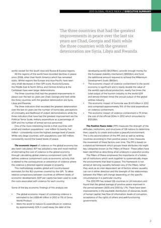 2
2013 global peace index // executive summary
2
The three countries that had the greatest
improvements in peace over the last six
years are Chad, Georgia and Haiti while
the three countries with the greatest
deterioration are Syria, Libya and Rwanda.
world, except for the South Asia and Russia & Eurasia regions.
All the regions of the world have recorded declines in peace
since 2008, other than North America which has remained
static. Whilst regions like Europe and Asia-Pacific have seen
very small decreases in their GPI score, Russia & Eurasia,
the Middle East & North Africa, and Central America & the
Caribbean have seen larger deteriorations.
The three countries that had the greatest improvements in
peace over the last six years are Chad, Georgia and Haiti while
the three countries with the greatest deterioration are Syria,
Libya and Rwanda.
The three indicators that recorded the greatest deterioration
over the last six years are the number of homicides, perceptions
of criminality and likelihood of violent demonstrations while the
three indicators that have had the greatest improvement are the
Political Terror Scale, military expenditure as a percentage of
GDP and the number of armed service personnel.
One of the more interesting trends is that countries with
small and medium populations - one million to twenty five
million - consistently score the highest average level of peace.
While very large countries, with populations over 100 million,
consistently record the lowest levels of peace.
The economic impact of violence on the global economy has
also been calculated. IEP has adopted a new and novel method
of estimating the cost of violence to the global economy
through calculating global violence containment costs. IEP
defines violence containment costs as economic activity that
is related to the consequences or prevention of violence where
the violence is directed against people or property.
This methodology enables global and country-based
estimates for the 162 countries covered by the GPI. To allow
relative comparisons between countries at different levels of
economic development, GDP per capita has been used to scale
the costs associated with violence for each country.
Some of the key economic findings of this analysis are:
•	 The global economic impact of containing violence is
estimated to be US$9.46 trillion in 2012 or 11% of Gross
World Product.
•	 Were the world to reduce its expenditure on violence
by approximately 50% it could repay the debt of the
developing world ($4,076bn), provide enough money for
the European stability mechanism ($900bn) and fund
the additional amount required to achieve the Millennium
Development Goals ($60bn).
•	 The economic impact of violence containment to the world
economy is significant and is nearly double the value of
the world’s agricultural production, nearly five times the
total output of the tourism industry to the world GDP
and almost thirteen times the annual output of the global
airlines industry.
•	 The economic impact of homicide was $1.43 trillion in 2012
and comprised approximately 15% of the total expenditure
on violence containment.
•	 The economic impact of violence containment is 75 times
the size of the official ODAs in 2012 which amounted to
$125.6bn.
The Positive Peace Index (PPI) measures the strength of the
attitudes, institutions, and structures of 126 nations to determine
their capacity to create and sustain a peaceful environment.
This is the second edition of the PPI, and as well as ranking
countries according to their positive peace, it also measures
the movement of these factors over time. The PPI is based on
a statistical framework which groups these attributes into eight
key categories known as the ‘Pillars of Peace’. These pillars have
been identified as describing what underpins a peaceful society.
The Pillars of Peace emphasise the importance of a holistic
set of institutions which work together to systematically shape
the environments that lead to peace. This framework is not
aimed at deriving causality between any of the Pillars, rather
they work as an inter-dependent set of factors where causality
can run in either direction and the strength of the relationships
between the Pillars will change depending on the specific
circumstances in a particular country.
The 2013 PPI has ranked 126 countries on 24 indicators and
found that the global average of positive peace improved in
the period between 2005 and 2010 by 1.7%. There have been
improvements in the equitable distribution of resources, levels
of human capital, free flow of information, levels of corruption,
acceptance of the rights of others and well-functioning
governments.
 