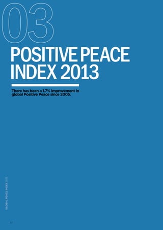 77
globalpeaceindex2013
There has been a 1.7% improvement in
global Positive Peace since 2005.
PositivePeace
Index 2013
77
 