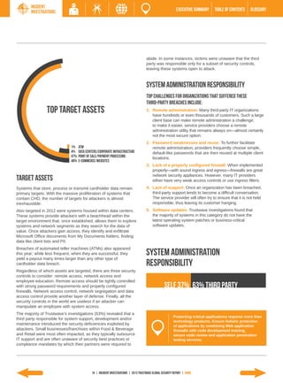 Incident
        Investigations                                                                                    EXECUTIVE SUMMARY    TABLE of contents    GLOSSARY




                                                                                    abide. In some instances, victims were unaware that the third
                                                                                    party was responsible only for a subset of security controls,
                                                                                    leaving these systems open to attack.



                                                                                    System administration responsibility
                                                                                    Top challenges for organizations that suffered these
                                                                                    third-party breaches include:
                TOP TARGET ASSETS                                                   1.	 Remote administration: Many third-party IT organizations
                                                                                        have hundreds or even thousands of customers. Such a large
                                                                                        client base can make remote administration a challenge;
                                                                                        to make it easier, service providers choose a remote
                                                                                        administration utility that remains always on—almost certainly
                                                                                        not the most secure option.
                                                                                    2.	 Password weaknesses and reuse: To further facilitate
                             1%    ATM                                                  remote administration, providers frequently choose simple,
                             4%    Data Centers/Corporate Infrastructure                default-like passwords that are then reused at multiple client
                             47%   Point of Sale/Payment Processing                     locations.
                             48%   E-Commerce/Websites
                                                                                    3.	 Lack of a properly configured firewall: When implemented
                                                                                        properly—with sound ingress and egress—firewalls are great
                                                                                        network security appliances. However, many IT providers
Target Assets                                                                           either have very weak access controls or use ingress filters.
Systems that store, process or transmit cardholder data remain                      4.	 Lack of support: Once an organization has been breached,
primary targets. With the massive proliferation of systems that                         third-party support tends to become a difficult conversation.
contain CHD, the number of targets for attackers is almost                              The service provider will often try to ensure that it is not held
inexhaustible.                                                                          responsible, thus leaving its customer hanging.
Also targeted in 2012 were systems housed within data centers.                      5.	 Software updates: Trustwave investigations found that
These systems provide attackers with a beachhead within the                             the majority of systems in this category do not have the
target environment that, once established, allows them to explore                       latest operating system patches or business-critical
systems and network segments as they search for the data of                             software updates.
value. Once attackers gain access, they identify and exfiltrate
Microsoft Office documents from My Documents folders, finding
data like client lists and PII.
Breaches of automated teller machines (ATMs) also appeared
this year; while less frequent, when they are successful, they
yield a payout many times larger than any other type of
                                                                                    system administration
cardholder data breach.                                                             responsibility
Regardless of which assets are targeted, there are three security
controls to consider: remote access, network access and
employee education. Remote access should be tightly controlled
with strong password requirements and properly configured                                        self 37% 63% third party
firewalls. Network access control, network segregation and data
access control provide another layer of defense. Finally, all the
security controls in the world are useless if an attacker can
manipulate an employee with system access.
The majority of Trustwave’s investigations (63%) revealed that a
                                                                                                        Protecting critical applications requires more than
third party responsible for system support, development and/or
                                                                                                        technology products. Ensure holistic protection
maintenance introduced the security deficiencies exploited by                                           of applications by combining Web application
attackers. Small businesses/franchises within Food & Beverage                                           firewalls with code development training,
and Retail were most often impacted, as they typically outsource                                        secure code review and application penetration
IT support and are often unaware of security best practices or                                          testing services.
compliance mandates by which their partners were required to




                                           10 | INCIDENT INVESTIGATIONS | 2013 Trustwave Global Security Report | HOME
 