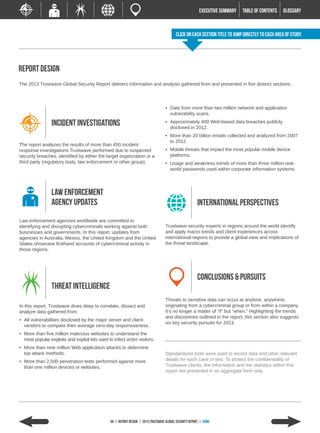 EXECUTIVE SUMMARY   TABLE of contents    GLOSSARY



                                                                                           Click on each section title to jump directly to each area of study.




Report Design
The 2013 Trustwave Global Security Report delivers information and analysis gathered from and presented in five distinct sections:




                                                                                     •	 Data from more than two million network and application
                                                                                        vulnerability scans.

                 Incident Investigations                                             •	 Approximately 400 Web-based data breaches publicly
                                                                                        disclosed in 2012.
                                                                                     •	 More than 20 billion emails collected and analyzed from 2007
                                                                                        to 2012.
The report analyzes the results of more than 450 incident
response investigations Trustwave performed due to suspected                         •	 Mobile threats that impact the most popular mobile device
security breaches, identified by either the target organization or a                    platforms.
third party (regulatory body, law enforcement or other group).                       •	 Usage and weakness trends of more than three million real-
                                                                                        world passwords used within corporate information systems.




                 LAW ENFORCEMENT
                 AGENCY UPDATES                                                                          INTERNATIONAL PERSPECTIVES
Law enforcement agencies worldwide are committed to
identifying and disrupting cybercriminals working against both                       Trustwave security experts in regions around the world identify
businesses and governments. In this report, updates from                             and apply macro trends and client experiences across
agencies in Australia, Mexico, the United Kingdom and the United                     international regions to provide a global view and implications of
States showcase firsthand accounts of cybercriminal activity in                      the threat landscape.
those regions.




                                                                                                         CONCLUSIONS & PURSUITS
                 THREAT INTELLIGENCE
                                                                                     Threats to sensitive data can occur at anytime, anywhere,
In this report, Trustwave dives deep to correlate, dissect and                       originating from a cybercriminal group or from within a company.
analyze data gathered from:                                                          It’s no longer a matter of “if” but “when.” Highlighting the trends
                                                                                     and discoveries outlined in the report, this section also suggests
•	 All vulnerabilities disclosed by the major server and client
                                                                                     six key security pursuits for 2013.
   vendors to compare their average zero-day responsiveness.
•	 More than five million malicious websites to understand the
   most popular exploits and exploit kits used to infect victim visitors.
•	 More than nine million Web application attacks to determine
   top attack methods.                                                               Standardized tools were used to record data and other relevant
•	 More than 2,500 penetration tests performed against more                          details for each case or test. To protect the confidentiality of
   than one million devices or websites.                                             Trustwave clients, the information and the statistics within this
                                                                                     report are presented in an aggregate form only.




                                                 04 | Report design | 2013 Trustwave Global Security Report | home
 