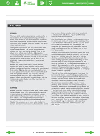 THREAT
                           INTELLIGENCE                                                           EXECUTIVE SUMMARY   TABLE of contents   GLOSSARY




Attack Scenarios


Scenario 1                                                                 trust services division website, which is not considered
                                                                           a critical system, is built on a popular (and famously
A Fortune 1000 retailer makes national headlines after a                   insecure) application framework.
lost laptop results in employee data being potentially
stolen. State disclosure laws make it obvious the retailer                 After downloading and installing a local evaluation copy of
didn’t have great internal security controls in place. After               the framework, Attacker Y sees several extra default files,
reading the news, Attacker X decides to take a look at the                 a few of which are vulnerable to reflected XSS. He checks
retailer’s online security.                                                back on the bank’s website and, sure enough, the
                                                                           vulnerable files are there, too. No vulnerability scanner
Visiting their corporate site, the attacker discovers their                would have found these files, so the bank has no idea
online affiliate program. The affiliate website was last                   they’re vulnerable.
updated four years ago, but he signs up. Once he has
a login to the affiliate site, he finds a SQL injection                    Because the vulnerable site’s hostname begins with “trust”
vulnerability and pulls down the entire database overnight.                (trust services division), Attacker Y realizes this could be
The user credentials are stored securely, so he can’t get                  perfect for a phishing attack. He signs up for a simple
direct access to other accounts, but he deduces the                        checking account and now has internal access to the
affiliate link tracking mechanism from a table named                       online banking application, so he starts crafting an email
Affilliate_Keys.                                                           template using the same language and format as the
                                                                           bank. He then finds an XSS vulnerability that allows for a
Attacker X is clever, so he doesn’t want to blow his                       relatively short payload in the URL, further reducing
position right away by doing anything that will make                       suspicion. The payload points at an Attacker Y-controlled
affiliates complain and alert the company. He searches and                 server and will run JavaScript that reformats an error page
finds another SQL injection vulnerability that allows him                  into the bank’s full login page.
to issue update commands. He then writes a tool that will
cycle through other affiliates and swap keys with top                      The only hard part is identifying targets. Fortunately, the
referrers for short periods of time. The script starts                     bank recently started a social media push, so he writes
stealing affiliate revenue slowly, increasing pace over the                several scripts to grab names and emails of social media
next several months. By the end of the year, he is the                     followers. He also creates dummy accounts to send
retailer’s top affiliate.                                                  automated connection requests to bank customers.
                                                                           Once he has a sizeable email list, Attacker Y starts
                                                                           phishing. Bank customers who have posted negative
                                                                           comments, for instance, are sent fake apology emails and
Scenario 2                                                                 are asked to click the link for resolution purposes. Attacker
Attacker Y decides to target the Bank of the United States                 Y sits back north of the border and waits for requests
(not a real bank since 1930). Its online banking website                   to start flowing to his server. Out of more than 50,000
is reasonably secure: Application penetration tests are                    phishing emails, 300 actually click on the link. Of those,
performed annually, developers are well-trained, and it’s                  150 actually log in (Attacker Y has set up attack scripts to
even behind a well-configured firewall. Attacker Y is                      generate errors and redirect to the real login page so they
unlikely to successfully launch direct attacks against it.                 aren’t suspicious). Once he has someone’s credentials,
                                                                           he immediately logs in and initiates online transfers
Attacker Y is persistent, so he looks within the bank’s                    to accounts he has created. Within two weeks, he
domain. After some reconnaissance, he notices the bank’s                   nets $80,000.




                                     51 | THREAT INTELLIGENCE | 2013 Trustwave Global SECURITY Report | HOME
 