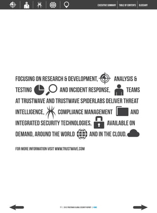 EXECUTIVE SUMMARY   TABLE of contents   GLOSSARY




Focusing on research & development,	                                                           analysis &
testing                     And incident response,	                                                        teams
at trustwave and trustwave spiderlabs Deliver threat
intelligence,	            compliance managemenT                                                                And
integrated security technologies,                                                       available on
demand, Around the world	                                         and in the cloud.

for more information visit www.trustwave.com




                            77 | 2013 Trustwave Global Security Report | HOME
 
