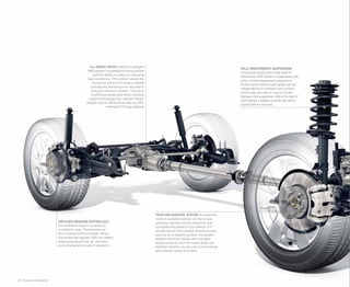 20 | Features & Benefits
TRACTION CONTROL SYSTEM To make the
most of available traction on many road
surfaces, traction control measures and
compares the speed of your wheels. If it
senses one or more wheels starting to spin,
such as on a slippery surface, the system
applies individual brakes and manages
engine power to slow the wheel down and
maintain traction, so you can move forward
with a better sense of control.
ANTILOCK BRAKING SYSTEM (ABS)
For confident stops in a variety of
conditions, every Terrain features
four-channel antilock brakes. When
the brakes are applied, ABS can detect
impending wheel lock-up, and then
pulse that wheel’s brake to prevent it.
ALL-WHEEL DRIVE (AWD) An intelligent
AWD system is available for extra traction
and the ability to adapt to changing
road conditions. This system sends the
maximum amount of torque needed
and adjusts the torque as required to
help you maintain control. Thanks to
its efficient design and direct injection
engine technology, four-cylinder Terrain
models with All-Wheel Drive offer an EPA-
estimated 29 mpg highway.
FULLY INDEPENDENT SUSPENSION
For precise control and a high level of
refinement, GMC Terrain is engineered with
a four-wheel independent suspension.
As the name implies, each wheel can act
independently to maintain road contact,
which helps you stay in control. On the
highway, this suspension offers the best of
both worlds: a steady, smooth ride with a
precise feel for the road.
 