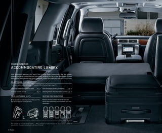 Power-Adjustable Front Bucket Seats pg. 17
Tri-Zone Climate Control pg. 17
Nine-Passenger Seating (Available) pg. 17
Steering-Wheel-Mounted Radio Controls pg. 17
8 | Models
FOLD-AND-TUMBLE SEATS
¼ The second-row seats fold and tumble out of the
way with simple one-hand operation.1
SEATING CONFIGURATIONS
¼ Yukon with the available 40/20/40 front split
bench seat comfortably accommodates up to nine
passengers.
With available features you won’t ﬁnd in any other competitor, like the power-
release fold-and-tumble second-row seats,1
seating for up to nine and Touch-Screen
Navigation2
with pause-and-play capability,Yukon turns any trip into a luxury cruise.
SELECT YUKON FEATURES
For details, see corresponding page in Features & Beneﬁts, starting on page 12.
1
Not available on SLE and Hybrid models. 2
Map coverage for Puerto Rico and the Virgin Islands available on
separate disc. Coverage not available for portions of Canada.
YUKON INTERIOR
ACCOMMODATING LUXURY.
 