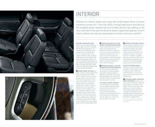 Features & Beneﬁts | 17
INTERIOR
Attention to interior details both large and small makes Yukon a reﬁned
traveling companion. From the easily configurable layout provided by
the available power-release fold-and-tumble second-row seating to the
ultra-soft feel of the optional Nuance leather-appointed seating, Yukon’s
interior allows you and your passengers to travel in luxurious comfort.
SEATING CONFIGURATIONS
Yukon comes standard with seat-
ing for eight, and with an available
40/20/40 front split bench, SLE
models can comfortably accom-
modate up to nine passengers.
On SLT models, second-row
captain’s chairs are also available.
Yukon Denali comes standard with
second-row captain’s chairs, and
with an available 60/40 second-row
split-folding three-passenger bench
seat, it can seat up to eight.Yukon
Hybrid andYukon Denali Hybrid both
seat up to eight passengers.
13 POWER FRONT SEATING All
Yukon models come standard with
power-adjustable front seats.
For the utmost in driver comfort,
Denali models come standard
with leather-appointed 12-way
power heated and cooled front
bucket seats with perforated
inserts that circulate cooled air
between you and the seating
surface in warm weather. On all
SLT models, in addition to the
available leather-appointed 10-
way power heated front bucket
seats, 10-way power heated and
cooled seats are also available
for added comfort. SLE models
come standard with 6-way power
driver and front-passenger seats.
14 POWER-RELEASE FOLD-AND-
TUMBLE SECOND-ROW SEATING
Power-release fold-and-tumble
seats are available for the
second-row bench or captain’s
chairs. Each seat automatically
unlatches with the touch of a
button, and with simple one-
hand operation, folds and tumbles
out of the way for easy access to
the third row. (Not available on
SLE or Hybrid models.)
15 PREMIUM NUANCE LEATHER-
APPOINTED SEATING SURFACES
In Yukon Denali models, the
ultra-soft feel of Nuance leather-
appointed seating surfaces is
standard in the ﬁrst- and second-
passenger rows to give the SUVs
with the ultimate in capability the
ultimate level of comfort.
TRI-ZONE CLIMATE CONTROL
The standard tri-zone climate
control creates individual areas
for the driver, the front-seat
passenger and the rear-
compartment passengers.
Second-row passengers get their
own controls for temperature
and fan speed, so drivers can
concentrate on the road.
16 POWER-ADJUSTABLE PEDALS
To help drivers of varying sizes sit
at a comfortable distance from
the steering wheel, adjustable
pedals are available in SLE
models and are standard in SLT
models and Denali. On Denali
and SLT-2 models, the pedals
also have a memory feature that
automatically recognizes your
key fob and moves the pedals
back to your desired settings.
HEATED STEERING WHEEL
Standard on Yukon Denali and
available on SLT models, a built-
in heating system warms the
steering wheel rim to give you
gloves-off comfort even on the
coldest days.
17 STEERING-WHEEL-MOUNTED
RADIO CONTROLS Control your
audio system with your ﬁngertips
as you keep your hands on the
wheel. These controls adjust the
radio band, channel selection,
volume and muting, as well as
manage the functions of your
available hands-free phone service
through OnStar or your mobile
Bluetooth®
-enabled phone.1
1
Go to gm.com/bluetooth to see which
Bluetooth phones are compatible with
the vehicle.
17
 