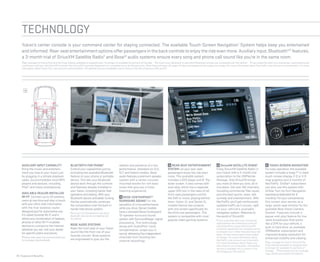 TECHNOLOGY
Yukon’s center console is your command center for staying connected. The available Touch-Screen Navigation1
System helps keep you entertained
and informed. Rear-seat entertainment options offer passengers in the back controls to enjoy the ride even more. Auxiliary input, Bluetooth®2
features,
a 3-month trial of SiriusXM Satellite Radio3
and Bose® audio systems ensure every song and phone call sound like you’re in the same room.
1
Map coverage for Puerto Rico and the Virgin Islands available on separate disc. Coverage not available for portions of Canada. 2
Go to gm.com/bluetooth to see which Bluetooth phones are compatible with the vehicle. 3
If you subscribe after your trial period, subscriptions are
continuous until you call SiriusXM to cancel. See SiriusXM Customer Agreement for complete terms at siriusxm.com. Other fees and taxes will apply. All fees and programming subject to change. For more information about NavTrafﬁc, visit siriusxm.com/navtrafﬁc. For more
information about Travel Link, visit siriusxm.com/travellink. XM satellite service is available only to those in the 48 contiguous USA and DC.
18 | Features & Beneﬁts
21 TOUCH-SCREEN NAVIGATION7
For easy operation, the available
system includes a large 7" in-dash
touch-screen display, 2-D or 3-D
map graphics and 3 months of
NavTrafﬁc. OnStar8
subscribers
can also use this system with
OnStar Turn-by-Turn Navigation
assistance (standard for 6
months). For your convenience,
this screen also serves as a
large, easily read monitor for the
available Rear-Vision Camera
System. Features include a
pause-and-play feature for live
radio broadcasts that works
like a DVR for your vehicle, a
built-in hard drive, an available
XMWeather subscription and
improved display resolution for
enhanced visibility and viewing.
7
Map coverage for Puerto Rico and the
Virgin Islands available on separate disc.
Coverage not available for portions of
Canada. 8
Visit onstar.com for coverage
map, details and system limitations.
AUXILIARY INPUT CAPABILITY
Bring the music and entertain-
ment you love to your Yukon just
by plugging in a simple playback
cable. Accommodates most MP3
players and devices, including
iPod® and many smartphones.
AVAILABLE DEALER-INSTALLED
WI-FI4
Connect up to 20 wireless
users at one time and stay in touch
with your life’s vital information
with the first wireless router
designed just for automotive use.
It’s called Autonet Wi-Fi and it
allows any combination of laptops,
phones or other Wi-Fi-enabled
devices to connect to the Internet,
wherever you are. Ask your dealer
for speciﬁc plans and prices.
4
Monthlyratesapply.Visitautonetmobile.com
forcoveragemapanddetails.
BLUETOOTH FOR PHONE5
Extend your capabilities just by
activating the available Bluetooth
feature on your phone or portable
device. This lets your Bluetooth
device work through the controls
and features already installed in
your Yukon, including hands-free
operation and dialing. With your
Bluetooth device activated, turning
the key automatically continues
the conversation over the built-in
hands-free phone system.
5
Go to gm.com/bluetooth to see which
Bluetooth phones are compatible with
the vehicle.
BOSE AUDIO SYSTEMS
Make the front seat of your Yukon
sound like the front row of your
favorite concert. Bose systems
are engineered to give you the
realism and presence of a live
performance. Standard on SLE,
SLT and Hybrid models, Bose
audio features a premium speaker
system with a center console-
mounted woofer for rich bass
tones that give you a fuller
listening experience.
18 BOSE CENTERPOINT®
SURROUND SOUND For the
sensation of a live performance
while you drive, Denali models
have a standard Bose Centerpoint
10-speaker surround sound
system with SurroundStage®
signal
processing. This technology,
along with AudioPilot®
noise
compensation, wraps you in
sound, delivering ﬁve independent
channels from existing two-
channel recordings.
19 REAR-SEAT ENTERTAINMENT
SYSTEM Let your rear-seat
passengers enjoy the ride even
more. This available system
includes a DVD player and 8” ﬂip-
down screen. It also comes with
dual-play, which has a separate
upper DVD slot in the radio to let
front-seat passengers control
the DVD or music playing behind
them. Yukon XL and Denali XL
models feature two screens,
with one screen speciﬁcally for
the third-row passengers. This
system is compatible with most
popular video gaming systems.
20 SiriusXM SATELLITE RADIO6
Enjoy SiriusXM Satellite Radio in
your Yukon with a 3-month trial
subscription to the XMPremier
Package. Only SiriusXM brings
you more of what you love, all in
one place. Get over 140 channels,
including commercial-free music
plus the best sports, news, talk,
comedy and entertainment. With
NavTrafﬁc,you’ll get continuously
updated trafﬁc as it occurs, right
on your vehicle’s available
navigation system. Welcome to
the world of SiriusXM.
6
If you subscribe after your trial period,
subscriptions are continuous until you
call SiriusXM to cancel. See SiriusXM
Customer Agreement for complete terms
at siriusxm.com. Other fees and taxes will
apply. All fees and programming subject
to change. For more information about
NavTrafﬁc, visit siriusxm.com/navtrafﬁc.
For more information about Travel Link,
visit siriusxm.com/travellink. XM satellite
service is available only to those in the
48 contiguous USA and DC.
18 19 20 21
 