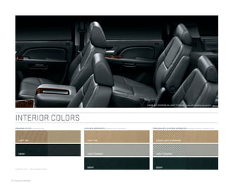 24 | Features & Beneﬁts
LIGHT TAN
EBONY
PREMIUM CLOTH Standard on SLE LEATHER-APPOINTED Standard on SLT and Hybrid PERFORATED LEATHER-APPOINTED Standard on Denali, available on SLT
LIGHT TAN
LIGHT TITANIUM
EBONY
COCOA/LIGHT CASHMERE1
EBONY
LIGHT TITANIUM2
INTERIOR COLORS
1
Light Tan on SLT. 2
Not available on Denali.
YUKON SLT INTERIOR IN LIGHT TITANIUM shown with available equipment.
 