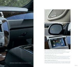 Models | 5
YUKON DENALI INTERIOR IN EBONY shown with available equipment.
BOSE® CENTERPOINT® SURROUND SOUND SYSTEM (upper)
Deep lows and crisp highs come from the Bose Centerpoint 10-speaker
surround sound system with center console subwoofer.
SIDE BLIND ZONE ALERT3
(center)
Alternating radar beams sweep a zone approximately one lane over from each
side of your Yukon Denali. An amber icon in the outside rearview mirror
lights if a vehicle is in the blind spot and ﬂashes if you activate the turn signal.
HYBRID POWER FLOW DISPLAY (lower)
When Denali is equipped with the hybrid drivetrain, the center navigation screen
can also function as a power ﬂow display, letting you monitor the hybrid system.
 