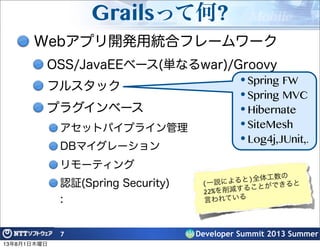 Developer Summit 2013 Summer
Grailsって何?
Webアプリ開発用統合フレームワーク
OSS/JavaEEベース(単なるwar)/Groovy
フルスタック
プラグインベース
アセットパイプライン管理
DBマイグレーション
リモーティング
認証(Spring Security)
:
7
(一説によると)全体工数の
22%を削減することができると
言われている
• Spring FW
• Spring MVC
• Hibernate
• SiteMesh
• Log4j,JUnit,.
13年8月1日木曜日
 