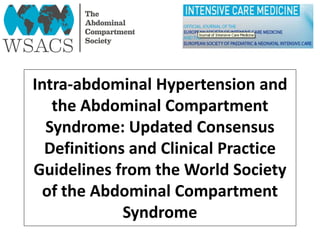 Intra-abdominal Hypertension and
the Abdominal Compartment
Syndrome: Updated Consensus
Definitions and Clinical Practice
Guidelines from the World Society
of the Abdominal Compartment
Syndrome
 
