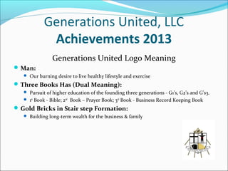 Generations United, LLC
Achievements 2013
Generations United Logo Meaning
 Man:
 Our burning desire to live healthy lifestyle and exercise

 Three Books Has (Dual Meaning):
 Pursuit of higher education of the founding three generations - G1’s, G2’s and G’s3.
 1st Book - Bible; 2nd Book – Prayer Book; 3rd Book - Business Record Keeping Book

 Gold Bricks in Stair step Formation:
 Building long-term wealth for the business & family

 