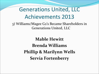 Generations United, LLC
Achievements 2013
3) Williams/Magee G2’s Became Shareholders in
Generations United, LLC

Mable Hewitt
Brenda Williams
Phillip & Marilynn Wells
Servia Fortenberry

 