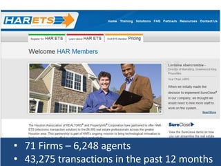 • 71 Firms – 6,248 agents 
• 43,275 transactions in the past 12 months 
 