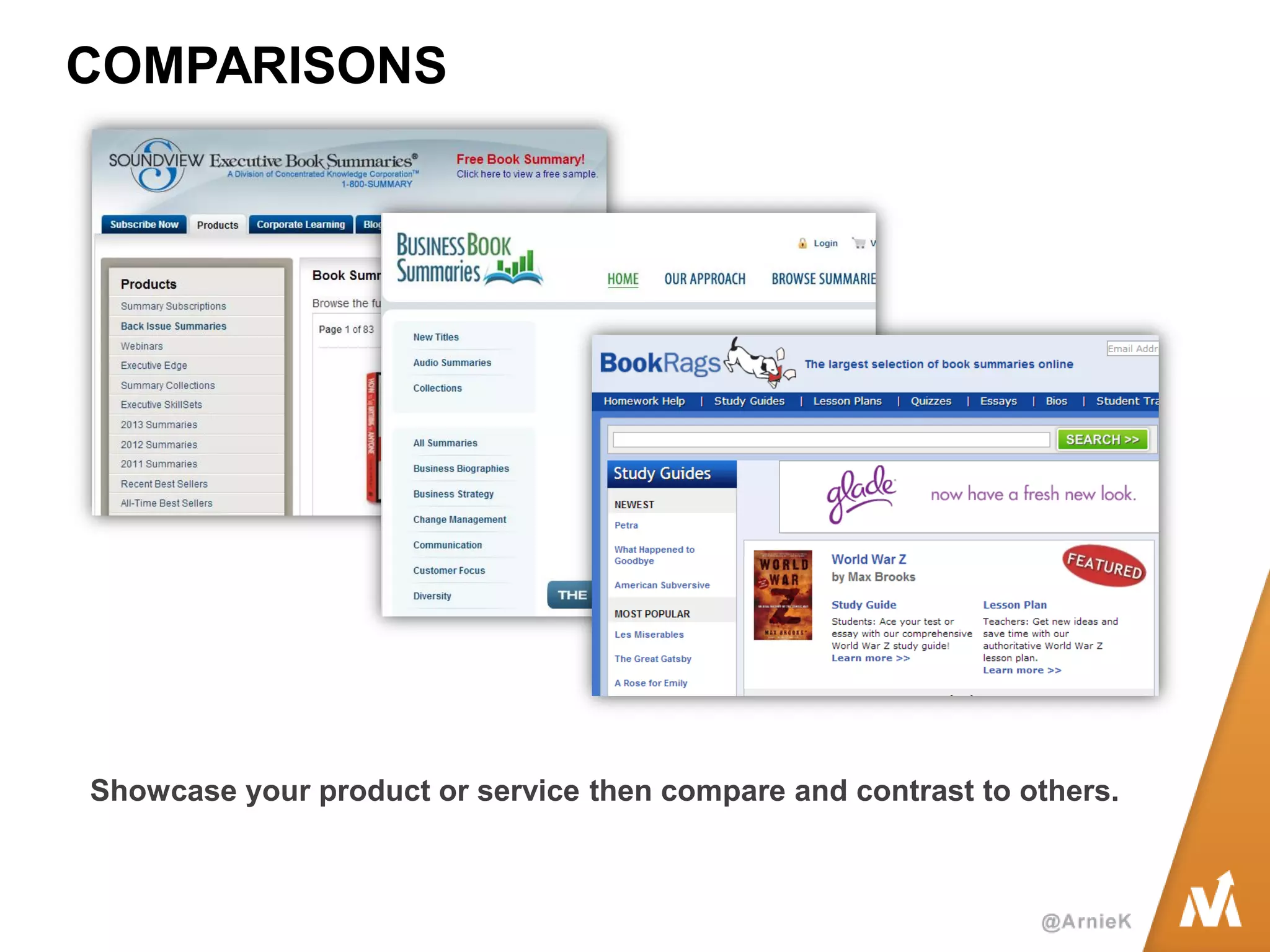 COMPARISONS 
Showcase your product or service then compare and contrast to others.  