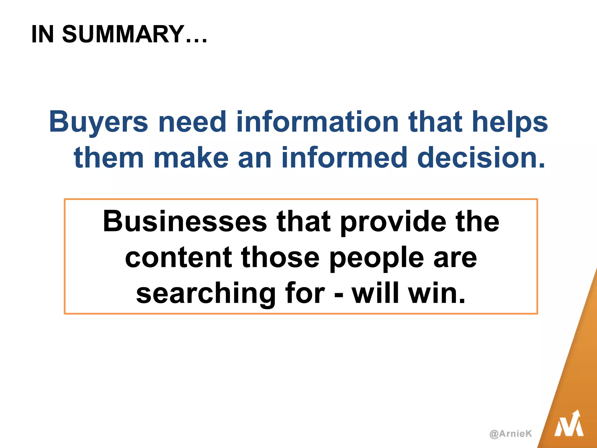 Buyers need information that helps them make an informed decision. 
Businesses that provide the content those people are searching for - will win. 
IN SUMMARY…  
