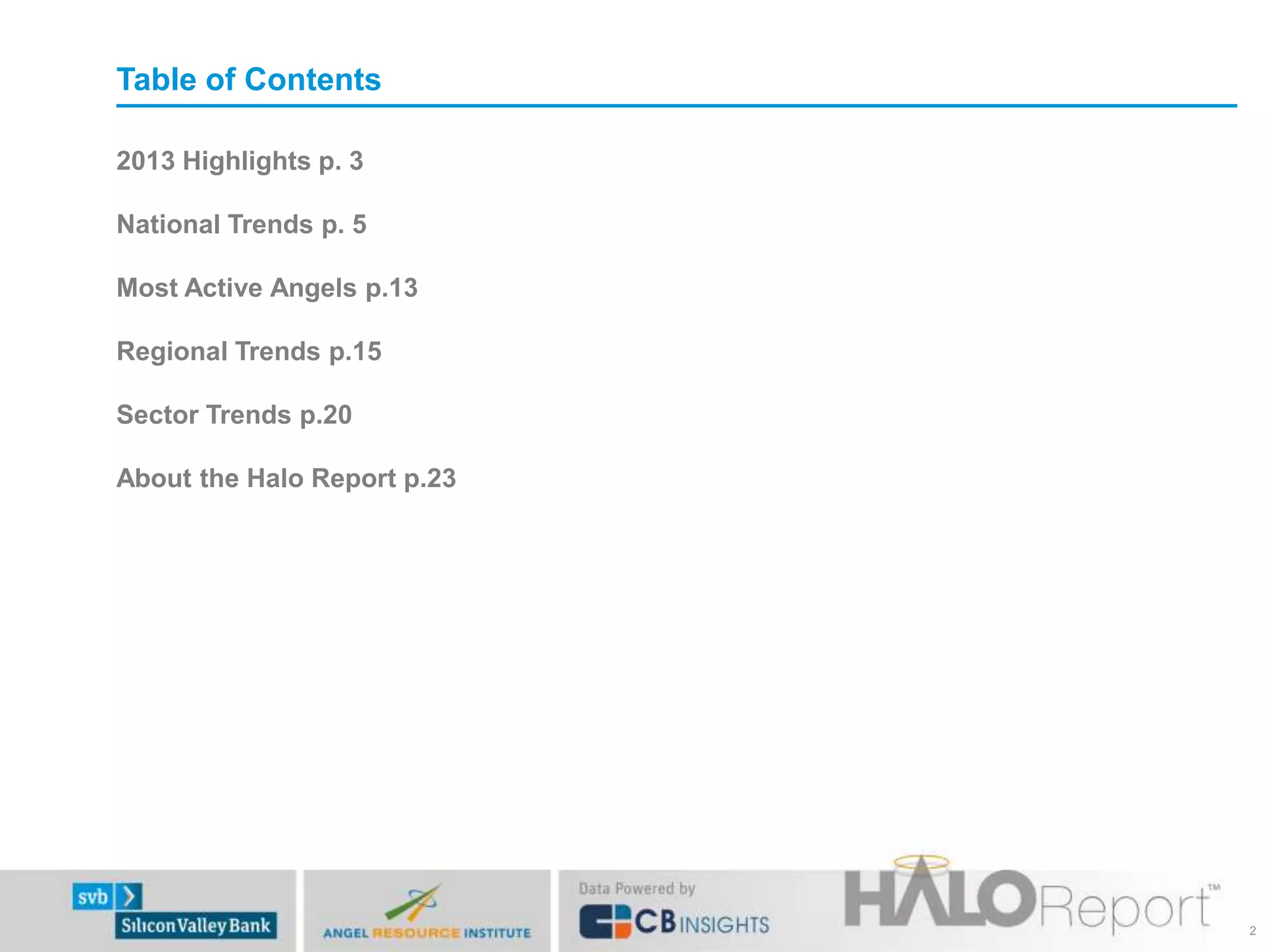 Table of Contents
2013 Highlights p. 3
National Trends p. 5
Most Active Angels p.13
Regional Trends p.15
Sector Trends p.20
About the Halo Report p.23
2
 