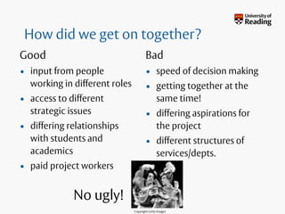 How did we get on together?
Good
• input from people
working in different roles
• access to different
strategic issues
• differing relationships
with students and
academics
• paid project workers
Bad
• speed of decision making
• getting together at the
same time!
• differing aspirations for
the project
• different structures of
services/depts.
No ugly!
Copyright Getty Images
 