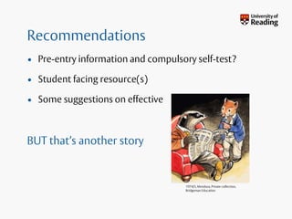 Recommendations
• Pre-entry information and compulsory self-test?
• Student facing resource(s)
• Some suggestions on effective
BUT that’s another story
1974/5, Mendoza, Private collection,
Bridgeman Education
 