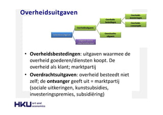 Overheidsuitgaven
• Overheidsbestedingen: uitgaven waarmee de
overheid goederen/diensten koopt. De
overheid als klant; marktpartij
• Overdrachtsuitgaven: overheid besteedt niet
zelf; de ontvanger geeft uit = marktpartij
(sociale uitkeringen, kunstsubsidies,
investeringspremies, subsidiëring)
 